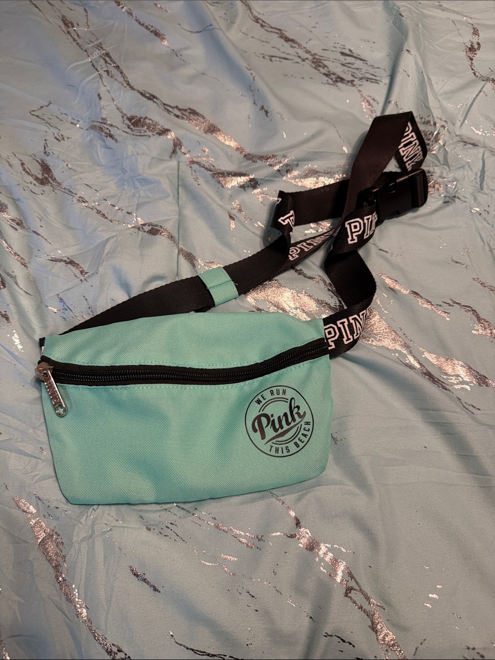 PINK Mint Teal Crossbody Bag with Black Branded Strap